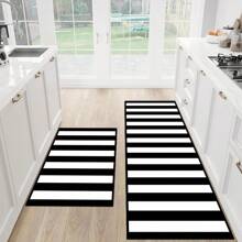 1/2 Set Modern Minimalist Black And White Striped Carpet, Living Room Carpet, Outdoor Carpet, Decorative Carpet, Hallway Carpet, Easy-To-Clean Carpet, Ideal For Bedrooms, Kitchens, And Entryways.