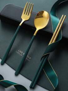 Set di posate in acciaio inossidabile da 3 pezzi con mestolo per zuppa, forchetta e bacchette, manico rinforzato, posate pratiche per studenti e uso all'aperto, per attività all'aperto, picnic o campeggio, set di posate portatile, regalo natalizio per la cucina, regalo per la festa del papà, completo di stoviglie, accessori per la cucina, natale, regali personalizzati