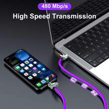 240w 四合一多 USB 充电线，硅胶线带呼吸灯和快速充电，带 USB A+Type C+L 适用于手机 iPad 笔记本电脑等，6 英尺（紫色、灰色）兼容 16、16 Pro Max、15、15 Plus、15 Pro、15 Pro Max，兼容 Redmi，兼容 OnePlus Lightning，充电器 Nan MFi 认证 - 紫色 - 查看 5