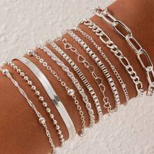 11pcs Silver Heart Shaped & Cubic Zirconia Stone Bracelet, Vintage Elegant Style, Fashion Multi-Layer Accessory, Daily Wear Valentines,Mom,Mother,Mother's Day,Gift - Silver - View 3