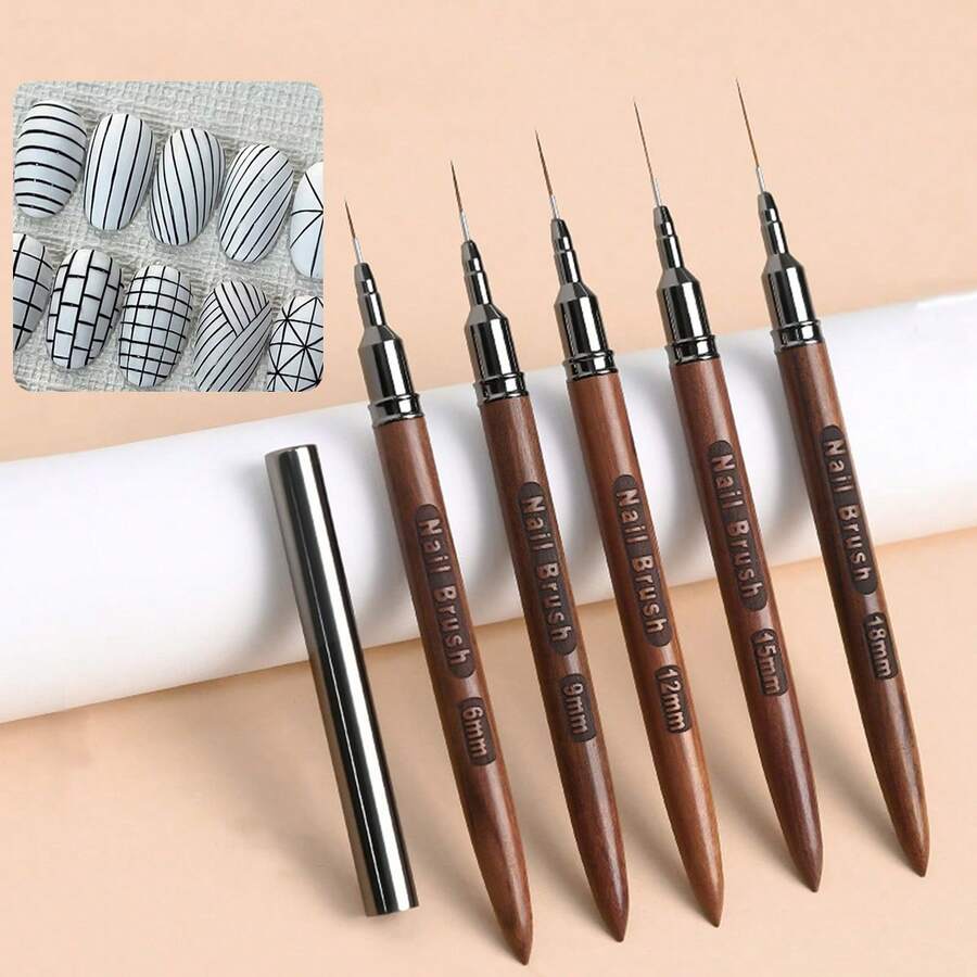 A Set Of 5 Wood Grain Manicure Line Pens With Extremely Thin Smudged Painting Flower Brush Solid Wood Engraving Pen Rod Multi-Functional Manicure Tools Suitable For Painting Lines And Pattern DIY - Brown - View 1