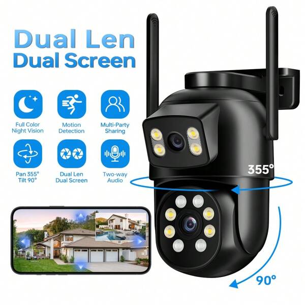 1pc 2MP+2MP Dual Len Wireless Outdoor Security Camera,Smart PTZ Home Surveillance Cameras With 2.4/5Ghz Wifi,Indoor CCTV IP Cameras,Auto Tracking,Alarm And Color Night Vision, Pan Tilt Rotation, Video Network Camera System Supports Two-Way Audio