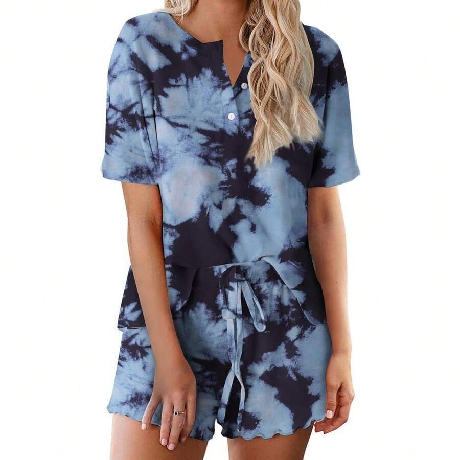 Tie Dye Pajamas Set Womens Loungewear Sleepwear 2 Piece PJ Sets - Tie Dye Black Blue Dark - View 1