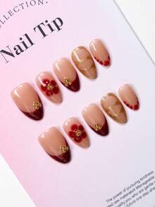 10 件手工粉色-红色大理石按压指甲 | 3D 金珠和花卉法式指尖设计 | 渐变色假指甲，适合婚礼、派对 | 女士奢华美甲礼品套装 美甲用品 - 彩色 - 查看 4