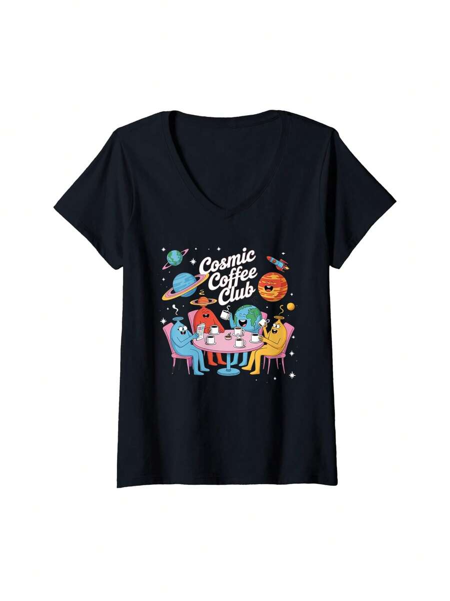 Womens Cosmic Coffee Club Design Funny Planet Galaxy Art Gift Men V-Neck T-Shirt Wedding Gift For Groomsman Father's Day Gift For Stepdad - Black - View 1