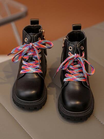 1 双黑色皮革幼儿靴，前系带，侧拉链，金属扣，圆头，柔软平底防滑舒适可爱中筒靴，适合 3-12 岁男孩和女孩，全新秋冬系列