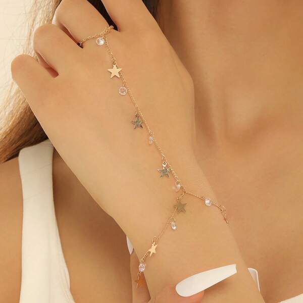 1pc Gold Boho Sparkle Crystal Star Linked Finger Chain Bracelet