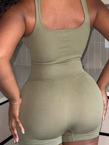Alexandranx Women Plain Sleeveless Bodycon Unitard Romper - Olive Green - View 9