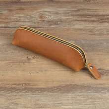 Estuche de Lápices de Cuero Vintage, Simple Porta Papelería, Estuche para Bolígrafos, Bolsa de Almacenamiento con Cremallera, Estuche para Lápices, Caja para Gafas, Suministros Escolares - Marrón claro - Ver 15