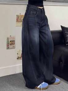 Women's Mid-Rise, Dropped Crotch, Loose Wide-Leg Jeans, Non-Stretch Vintage Washed Trousers, Elegant Casual Streetwear, Suitable For Daily, Party, Airport, All Seasons - Blue - View 4