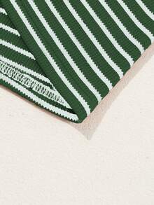 Acelitt 条纹撞色肩部短袖针织休闲圆领T恤，夏季 - 綠色 - 查看 5