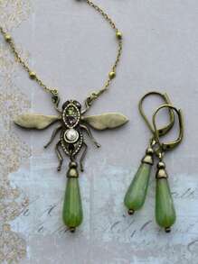 3pcs Dragonfly & Geometric Pendant Necklace Earrings Set, Vintage Style Classic Jewelry With Natural Stone, Zirconia, Pearl Decor For Women Party & Occasion