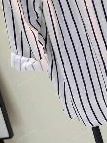 ​Women's Striped Asymmetric Lapel Long Sleeve Shirt With Contrast Buttons & Pocket - Casual All Occasion Year-Round Top​