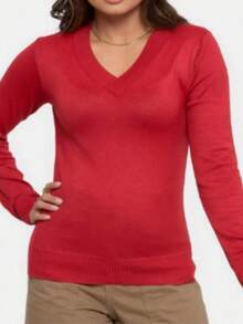 Cold Weather Knitted Sweater Top V Neck Plain Basic Long Sleeve Winter Women Simple Knitwear Knitted Daily Autumn Long Sleeve - 紅色 - 查看 2