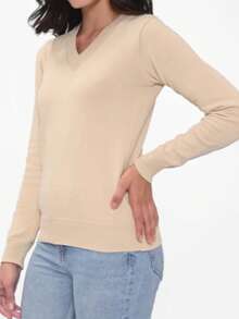 Cold Weather Knitted Sweater Top V Neck Plain Basic Long Sleeve Winter Women Simple Knitwear Knitted Daily Autumn Long Sleeve - Sand - View 3