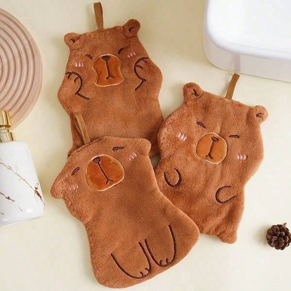 1pc Cartoon Capybara Hand Towel, Hanging Thickened Coral Fleece Children Hand Towel For Kitchen And Bathroom