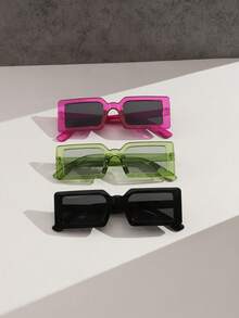 3 Pairs Women's Acrylic Small Rectangular Fashion Glasses, Suitable For Daily Outings And Back To School Season, College Style, Rectangular - Multicolor - View 13