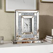 Luxury Mirrored Table Clock With Silver Crushed Diamonds (13.2"X11.8") - Silent, Beveled Glass Desk Clock For Living Room, Bedroom, Office - Bạc - Xem 1