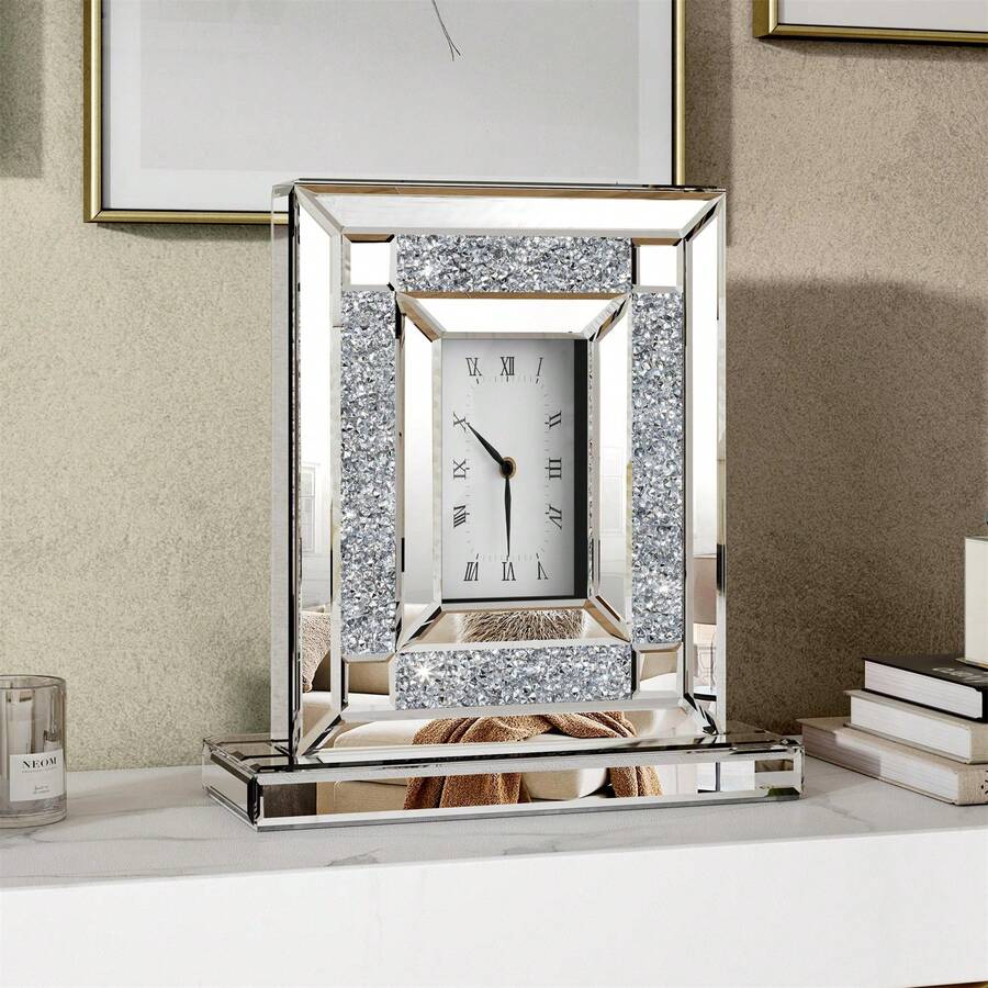 Luxury Mirrored Table Clock With Silver Crushed Diamonds (13.2"X11.8") - Silent, Beveled Glass Desk Clock For Living Room, Bedroom, Office - Bạc - Xem 1