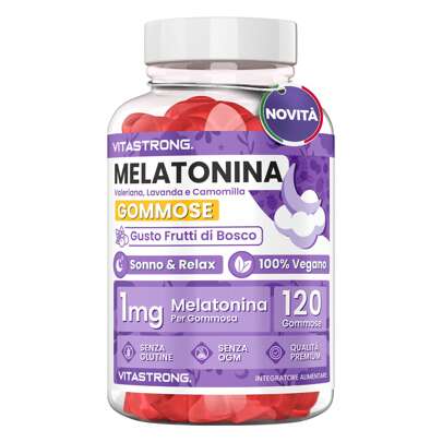 Vitastrong Melatonina Gommose Vegan Vitastrong – 120 Caramelle 1 mg con Valeriana, Lavanda, Camomilla e Vitamina B6, Senza Glutine e Saccarosio, Gusto Frutti Rossi