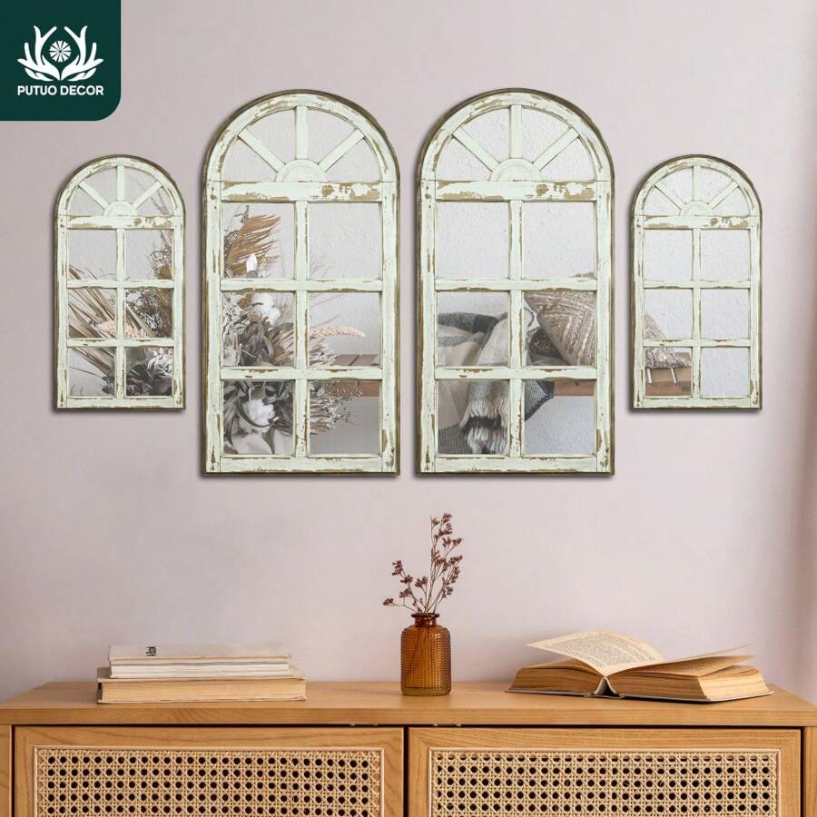 Putuo Decor 2pcs Home Acrylic Mirrors Farmhouse Style Wooden Painting Decoration, 2D Flat Wall Art Decor Wall Mirror Acrylic Mirror For Home Living Room Bedroom Office Studio Coffee Shop Restaurant, Gift