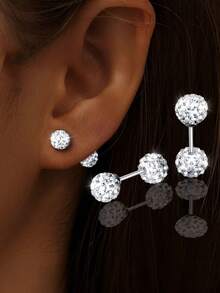 1 对 925 银双头超闪亮水钻球形耳钉，奢华螺丝后耳环，优雅百搭的耳环礼物 - 原子 - 查看 8