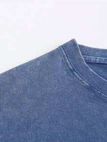 Men's Street Elements Retro Washed Cotton T-Shirt Top 100% Cotton Heavy 240g Loose And Soft, With Good Fashion, Suitable For Spring And Summer Wear. - 藍色 - 查看 3