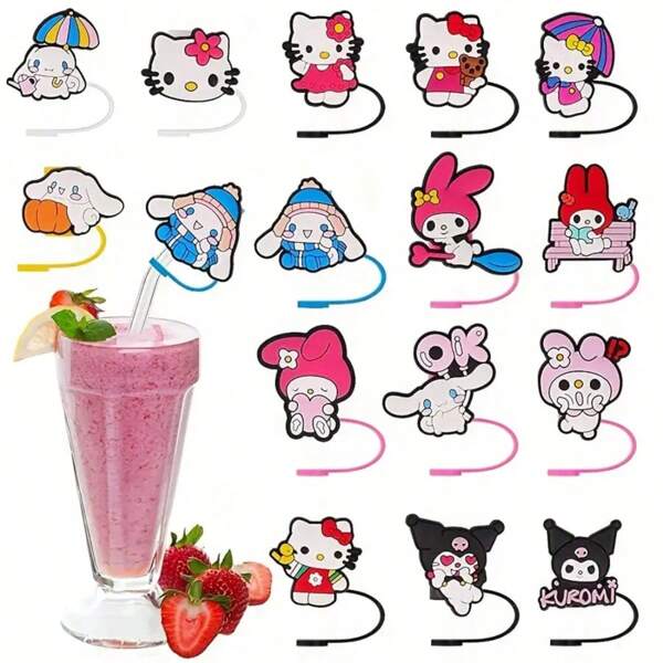 Sanrio Funda de silicona para pajitas de Sanrio - Tapa superior con diseño de personajes lindos de Sanrio para vasos y tazas, protector de la punta de la pajita con manga de silicona de diseño de color para fiestas de vacaciones, regalos de cumpleaños
