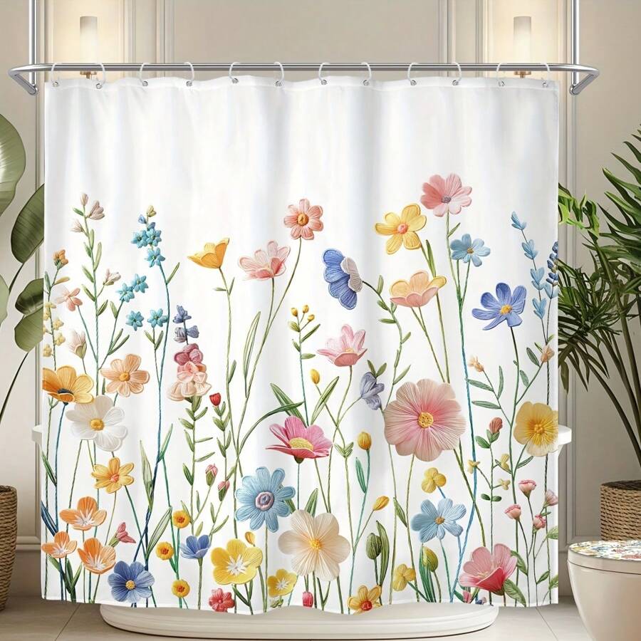 [Wildflower Shower Curtain] 1pc Wildflower And Shower Curtain - Watercolor Embroidered Floral Plants, Rural Pink And White Small Flowers, Artistic Aesthetic Home Decoration. The Shower Curtain Comes With 12 Plastic Hooks Back To School