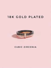 1 件 18K 镀金华丽风格不锈钢方晶锆石陶瓷戒指女士珠宝婚礼派对约会礼物 - 黑色和金色 - 查看 6