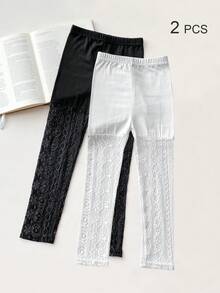 4/2/1 Pairs Lace Trim Capri Leggings For Girls, Children, Infants, Black/White/Gray/Pink, Color Block, Multicolor, Spring/Summer/All Season, Thin, Casual, Cute & Fashionable, Princess Style, Suitable For Daily Wear, Soft & Comfortable Tights, Suitable For Students To Pair With Tops, Skirts, Back To School Season - Multicolor - View 40