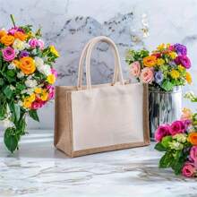 1 pieza Bolsa de yute blanca de doble cara (23cm-16cm-10cm/31cm-21cm-14cm) con asa, bolsa de transporte para suministros de almacenamiento, bolsa de playa reutilizable, bolsa de compras, bolsa de fiesta, adecuada para bodas, damas de honor, compras, playa, viajes, temporada de graduación, manualidades DIY.