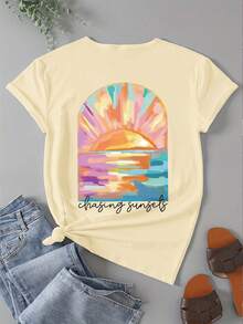Camiseta de talla grande para mujer con estampado de coco, camiseta suelta de color cómodo con puesta de sol, camiseta de playa de vacaciones de verano de talla grande, camiseta de surf de verano, blusas, camisetas, verano para mujer, camisetas gráficas para mujer, blusas para mujer, camiseta de talla grande - Albaricoque - Ver 4