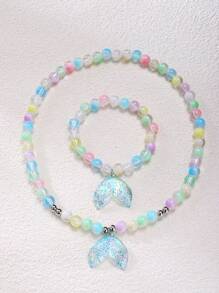 2 Peças/Conjunto Colar e Pulseira de Joias com Contas Coloridas de Sereia, Presente Feminino