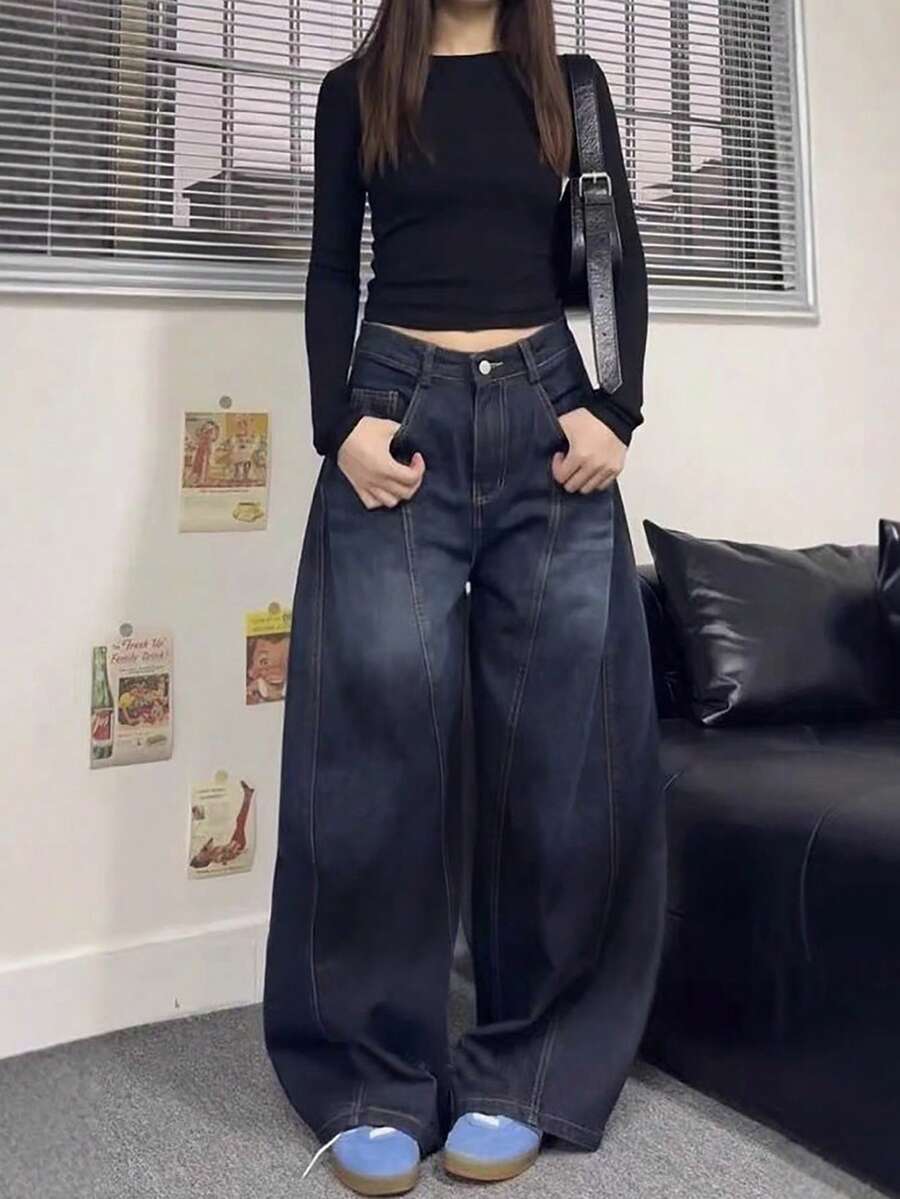Women's Mid-Rise, Dropped Crotch, Loose Wide-Leg Jeans, Non-Stretch Vintage Washed Trousers, Elegant Casual Streetwear, Suitable For Daily, Party, Airport, All Seasons - Blue - View 1