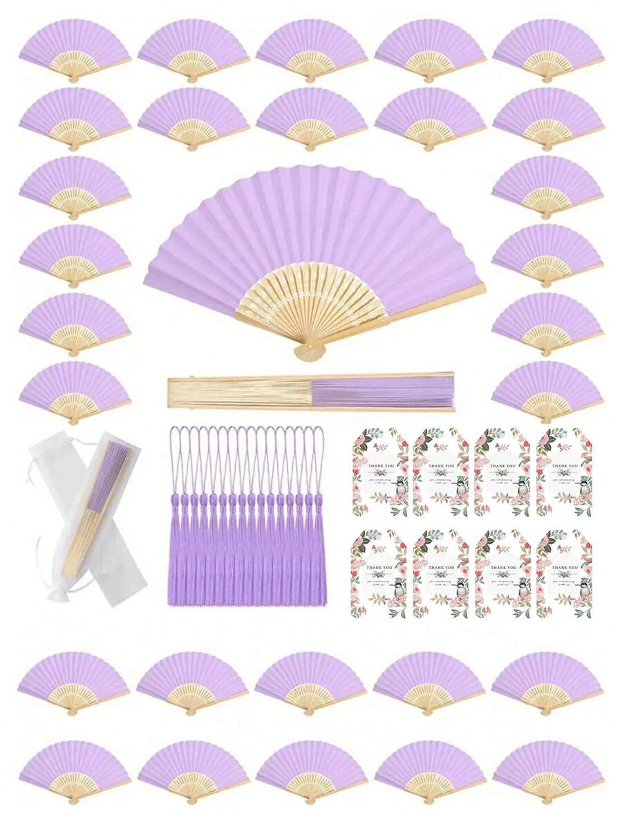40pcs/20pcs Light Purple Tassel Folding Fans Set, Guest Favor Set, Includes 5pcs/10pcs Light Purple Fans, 5pcs/10pcs Floral Thank You Cards, 5pcs/10pcs Light Purple Tassels And 5pcs/10pcs Organza Drawstring Bags, Suitable For Wedding Souvenirs, Bridesmaid Gifts, Wedding Photo Props, Atmosphere Creator, Wedding Decor, Party Favors, Bridal Shower, Theme Parties, Baby Shower