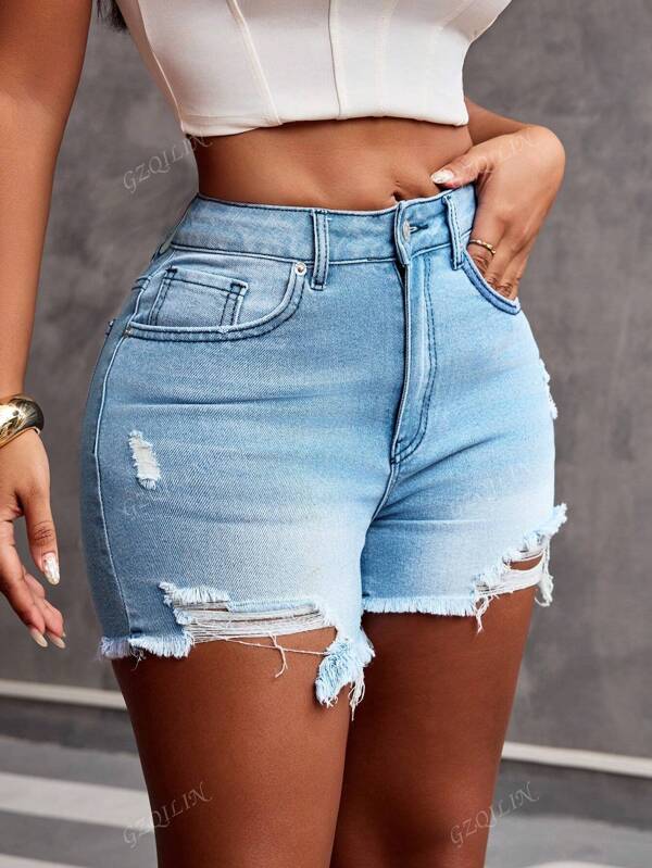 Women's Pocket Distressed Frayed Hem Casual Versatile Denim Shorts