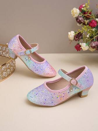 1 双女童彩色亮片钩环设计优雅小高跟鞋 - 舞蹈/公主/派对鞋，适合全年穿着，是儿童生日和节日的完美礼物