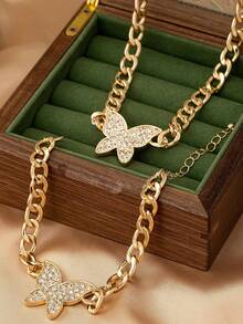 2pcs Gold-Tone Diamond Butterfly Pendant Necklace And Bracelet Set, Fashionable And Elegant For Party, Banquet And Daily Wear - Yellow Gold - View 3