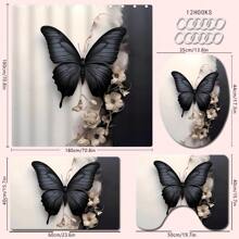 1/2/3/4 Stücke 3D Schwarz & Weiß Schmetterling & Blumen Thema Badezimmer Duschvorhang Set, inklusive 12 Stücke Haken, Badezimmermatte, U-förmiger Toilettendeckel, wasserdichter Duschvorhang, modische Dekoration für das Badezimmer, moderne Stil Trennvorhang, ohne Bohren erforderlich, aus Polyester, maschinenwaschbar Heim Badezimmer Dekoration Herbst Dekoration Badezimmer Accessoires Rückkehr zur Schule