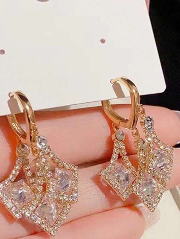 1 Pair Stylish Diamond Shaped Rhinestone Earrings, Elegant & Versatile Party Accessories And Daily Wear Jewelry Gift For Women