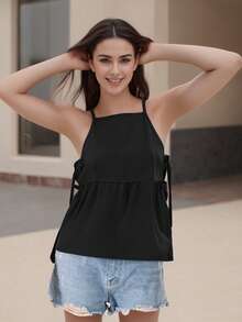 Women's Tie Strap Tank Tops Solid Plaid Pattern Side Ties Sleeveless Spaghetti Straps Camisole for Summer - Negro - Ver 2
