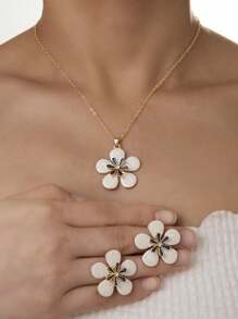 1 Paar Ohrringe & 1 Halsketten Set, modisches Legierungs-Strass-Email-Blumen-Design Ohrringe und Halskette Set, geeignet für den täglichen Gebrauch