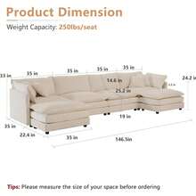 Modular Sectional Sofa, 146.5 Inch U Shaped Couch Set For Living Room, 4-Seater Comfy Cloud Couches With Two Movable Ottoman, DIY Combination, Chenille, Light Coffee - Cà phê nhẹ 4 chỗ + 2 O - Xem 2