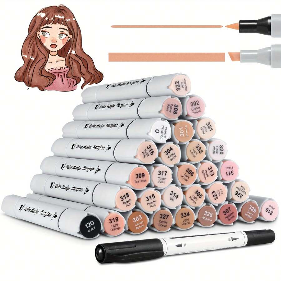 Hangfan-Skin Tone Markers,30 Flesh Colors Alcohol Based Art Markers Pens Set Dual Tips Brush&Broad For Professional Artists Drawing Sketch Illustrations Portrait Comics Anime Coloring