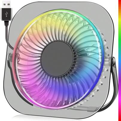 GOBRILLFUN Desk Fan With 3 Speeds, 180° Rotation & Anti-Slip Base – USB-Powered RGB Gaming Quiet Cooling Fan For Home, Office, Gaming – 20,000 Hr Durable Brushless Motor(White Transparent)