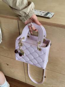 1pc Women Fashion New Cherry Quilted PU Leather Handbag, Simple Chic Square Bag With Elegant Refined Vibe, Suitable For Daily Commute, Dating, Shopping, Versatile Stylish Purse With Cherry Charm As Gift For Valentine's Day - Purple - View 4
