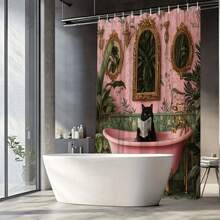 1 pièce Rideau de douche intéressant représentant un chat noir lisant un journal dans la baignoire. Une scène de salle de bain élégante et luxueuse, avec des feuilles tropicales et un cadre doré, en tissu de polyester, avec 12 crochets inclus. Convient pour la décoration esthétique moderne de la salle de bain, la décoration et les accessoires de salle de bain Rentrée scolaire