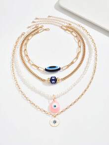 4 件套波西米亚风格奢华多层珍珠恶魔眼吊坠项链套装，高端时尚，适合女性日常、旅行、度假穿着 - 彩色 - 查看 3
