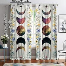 2pcs Blackout Curtains - Celestial Floral Design With Colorful Nebula Moon Phase And Stars, Machine Washable Polyester Curtains For Living Room, Bedroom, Bathroom - Modern Watercolor Cosmic Pattern, All Season